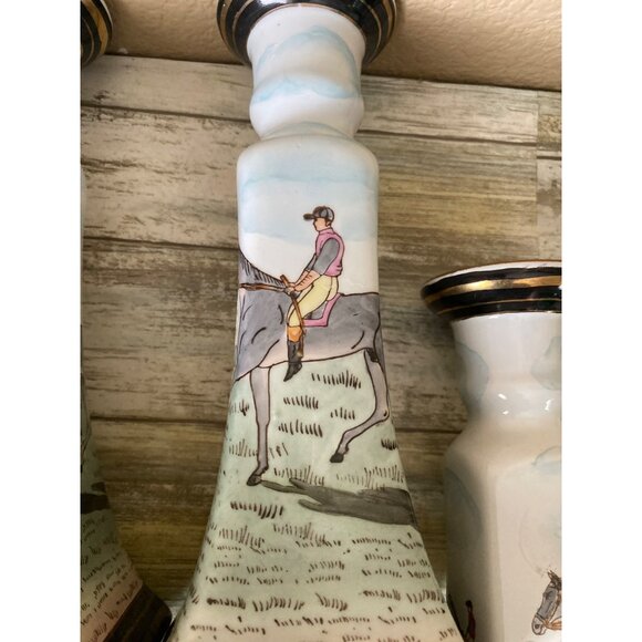 4 X Vintage Equestrian Horse Rider Porcelain Candlestick Holders Hand Painted - Picture 8 of 12
